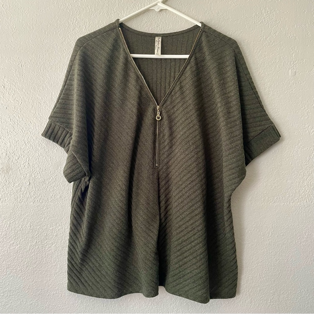 PerSeption Women Zippered Shirt Women’s Plus Size 3X Green V Neck Blouse